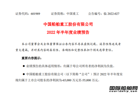 中國重工上半年預(yù)虧最多6.5億元由盈轉(zhuǎn)虧