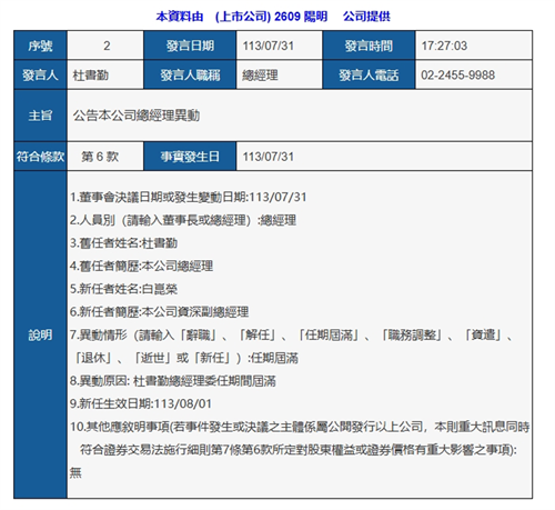 陽明海運(yùn)任命新總經(jīng)理